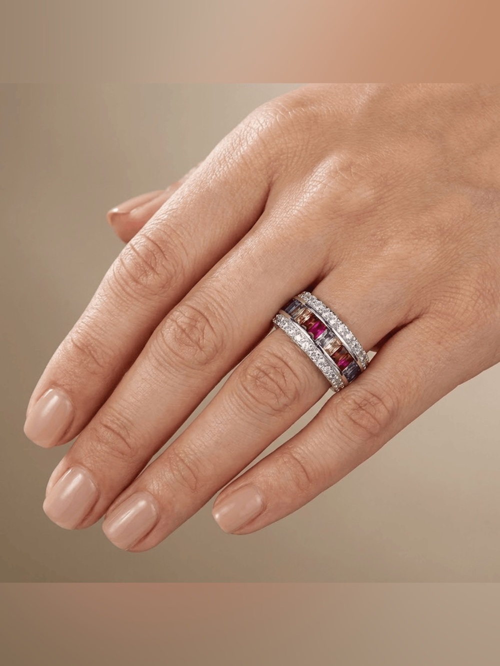 Women's Rainbow Gemstone Eternity Band Ring 925 Silver sz 9 - Picture 2 of 11